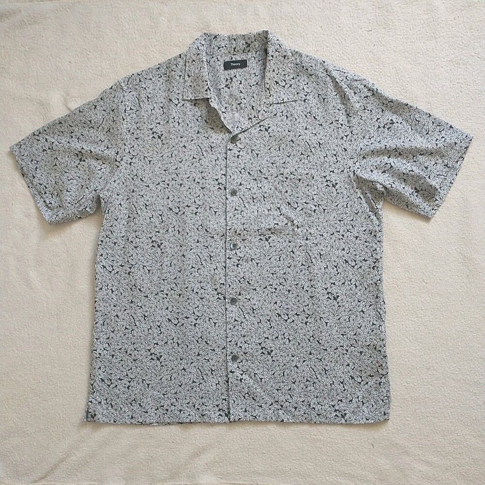 Theory Camp Shirt Mens L Black White Floral Button Up Short Sleeve Lyocell